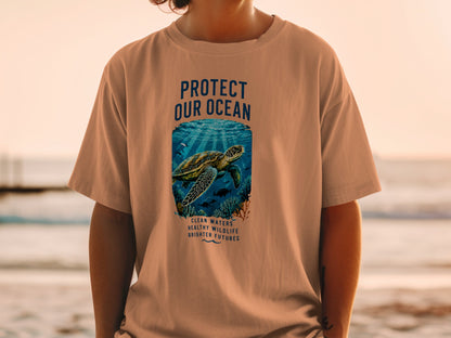 T-shirt with "Protect Our Ocean" text and sea turtle graphic.