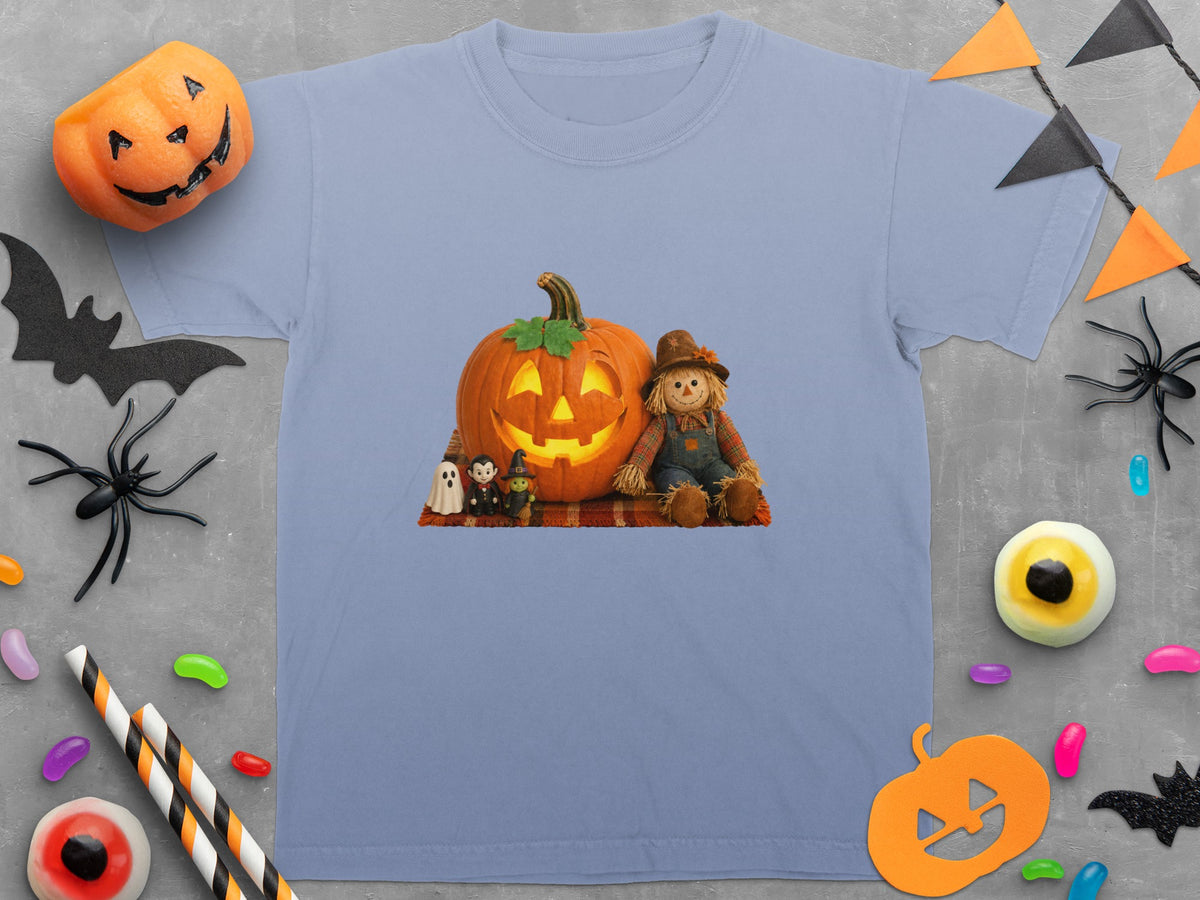 Light blue t-shirt with a Halloween graphic of a scarecrow and jack-o'-lantern.