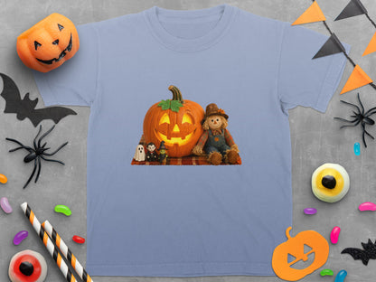 Light blue t-shirt with a Halloween graphic of a scarecrow and jack-o'-lantern.
