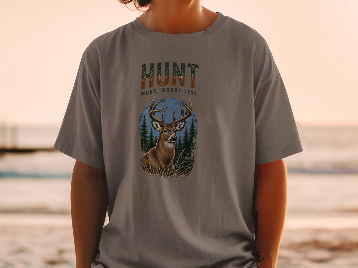 Gray t-shirt with "HUNT MORE, WORRY LESS" and a deer illustration.