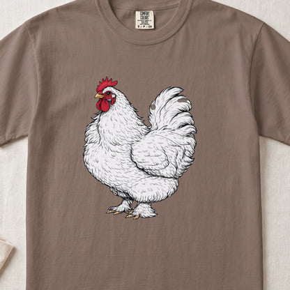 A brown crewneck t-shirt featuring a detailed white rooster graphic on the chest.