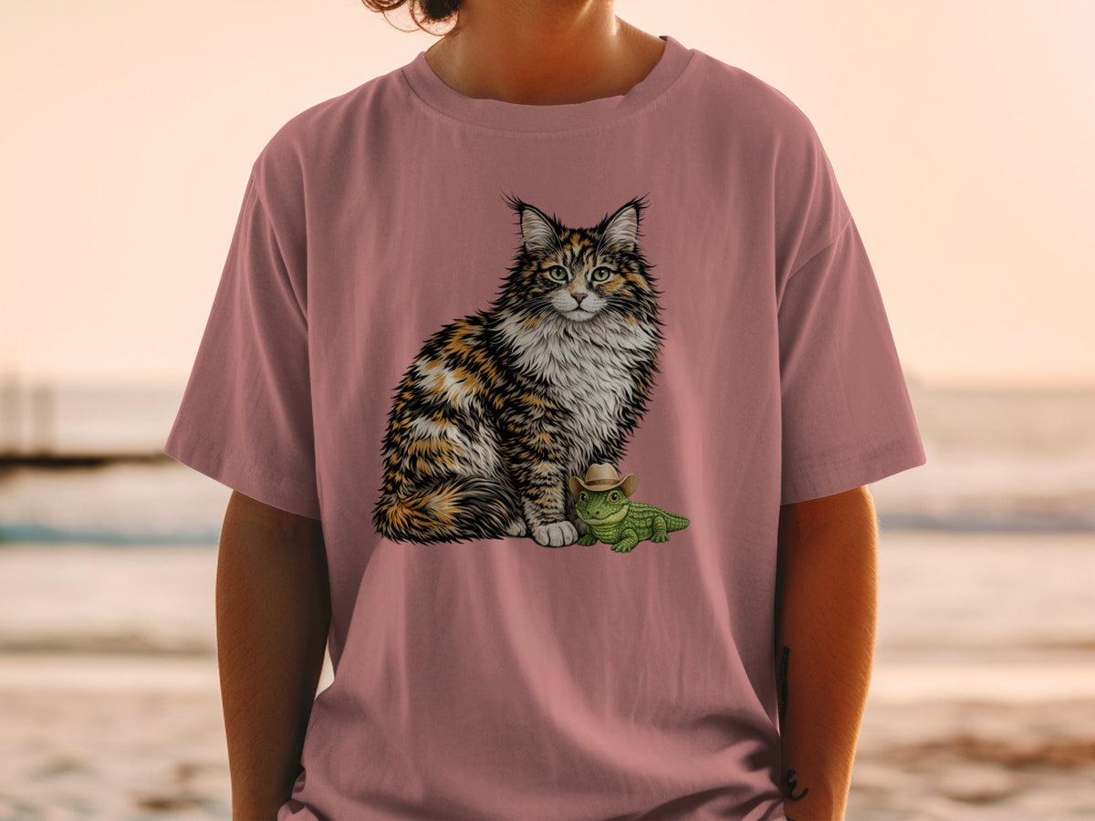 A person wearing a dusty pink t-shirt printed with a fluffy calico cat and small alligator wearing a cowboy hat.