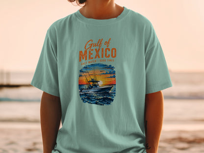 T-shirt graphic: "Gulf of Mexico, Salt Water Good Times" with a fishing boat at sunset.