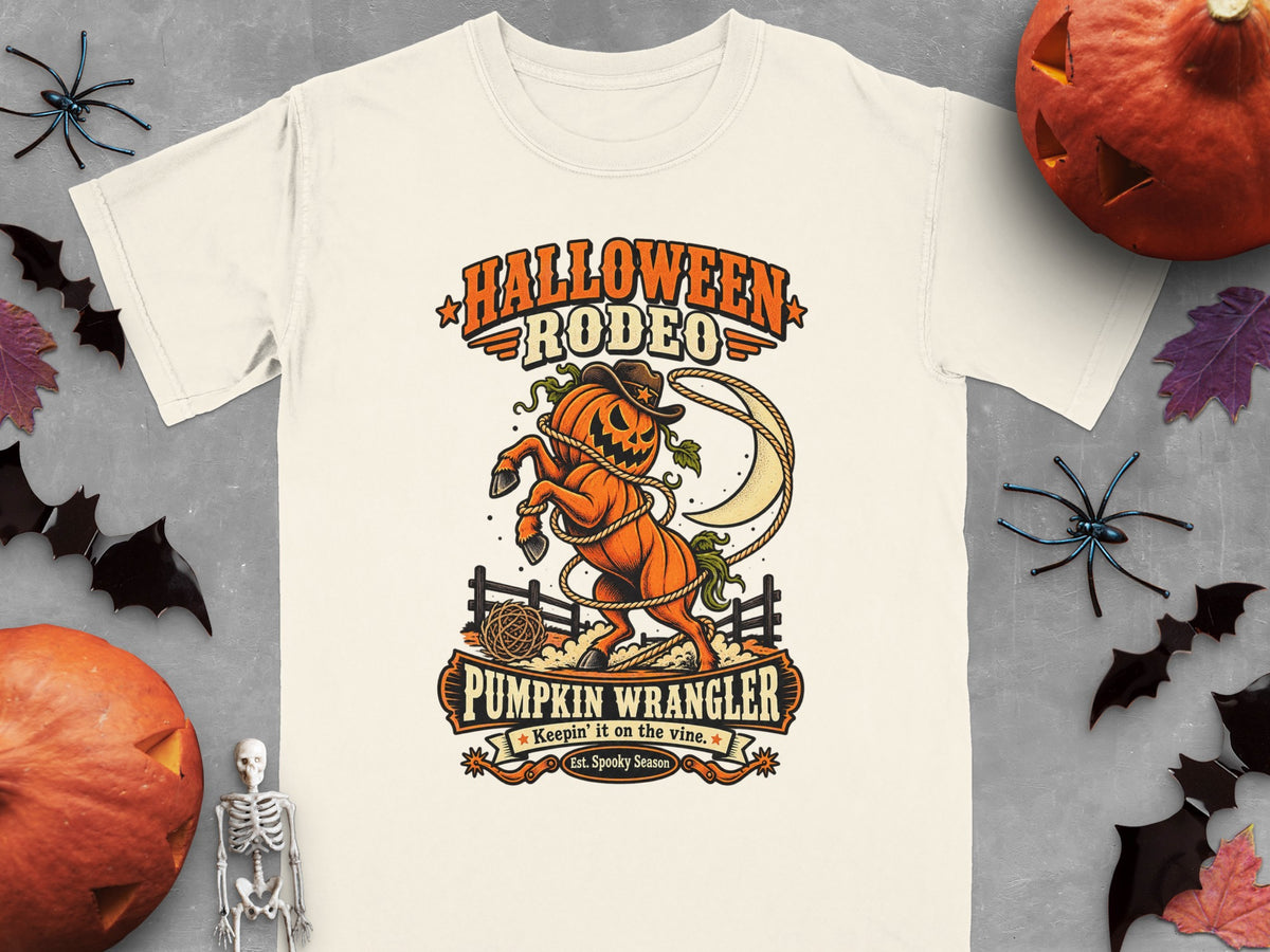 Cream t-shirt with Halloween Rodeo Pumpkin Wrangler graphic.