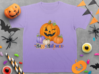 Purple t-shirt with jack-o'-lantern and "Happy Halloween" text.