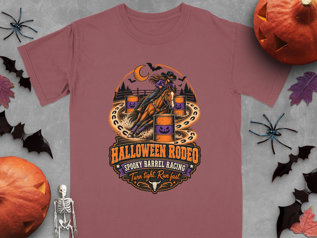 Halloween Rodeo spooky barrel racing graphic with text.