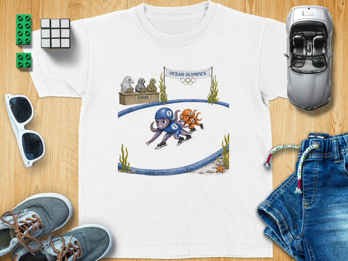 Two octopuses ice skate on a rink under an "Ocean Olympics" banner with judges watching.