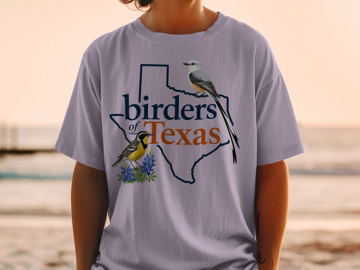 T-shirt with Texas outline, birds, bluebonnets, and text "birders of Texas".