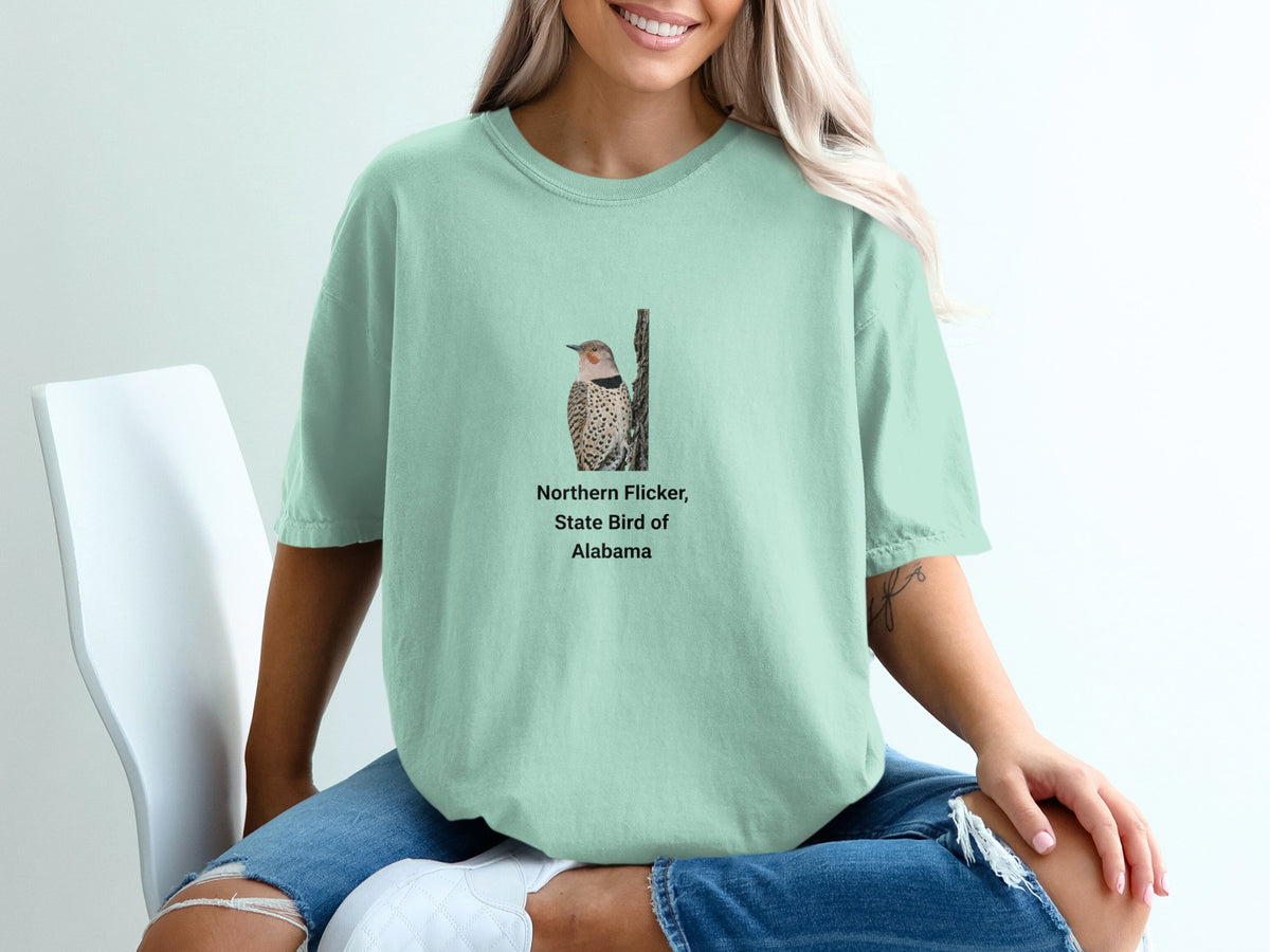 Mint t-shirt with Northern Flicker, State Bird of Alabama graphic.