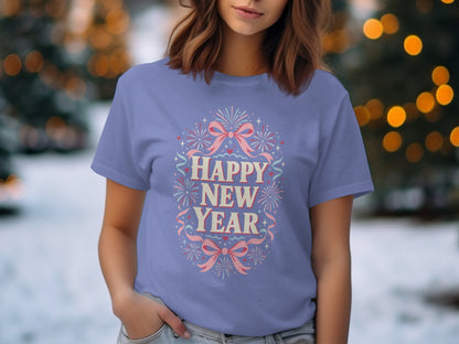 Purple t-shirt with "Happy New Year" text and festive fireworks design.