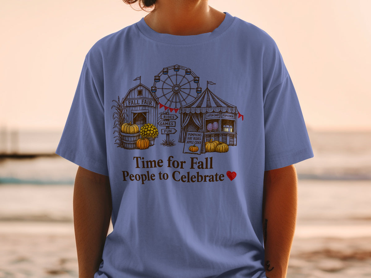 Blue t-shirt with fall fair graphic and "Time for Fall People to Celebrate" text.