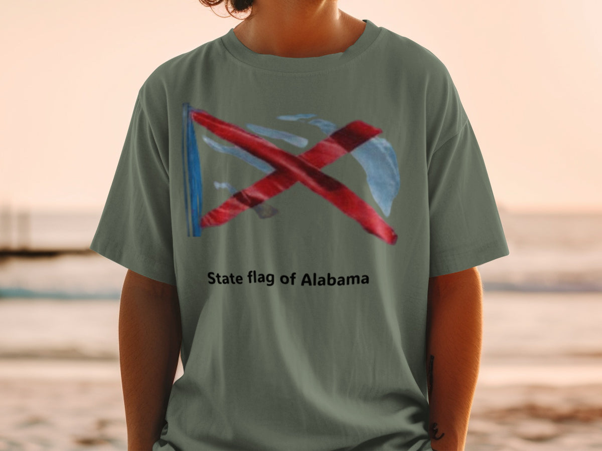 T-shirt with painted Alabama state flag and text "State flag of Alabama".