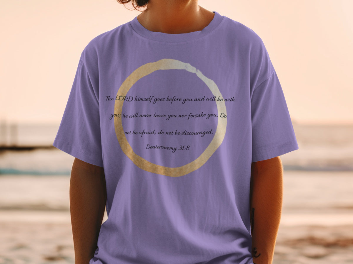 Purple t-shirt with Bible verse Deuteronomy 31:8 inside a circle.