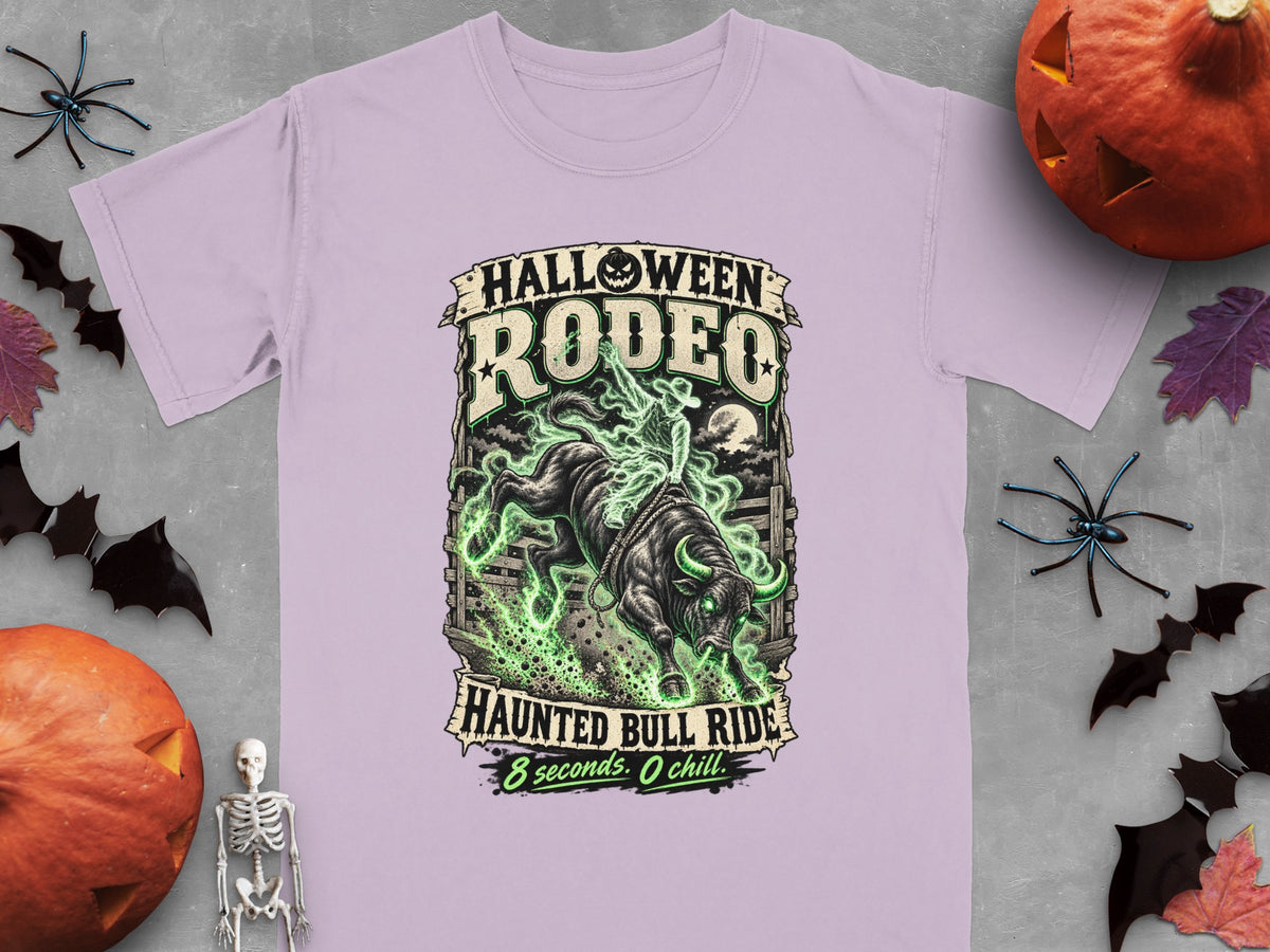 T-shirt with "Halloween Rodeo Haunted Bull Ride" text and spooky bull graphics.