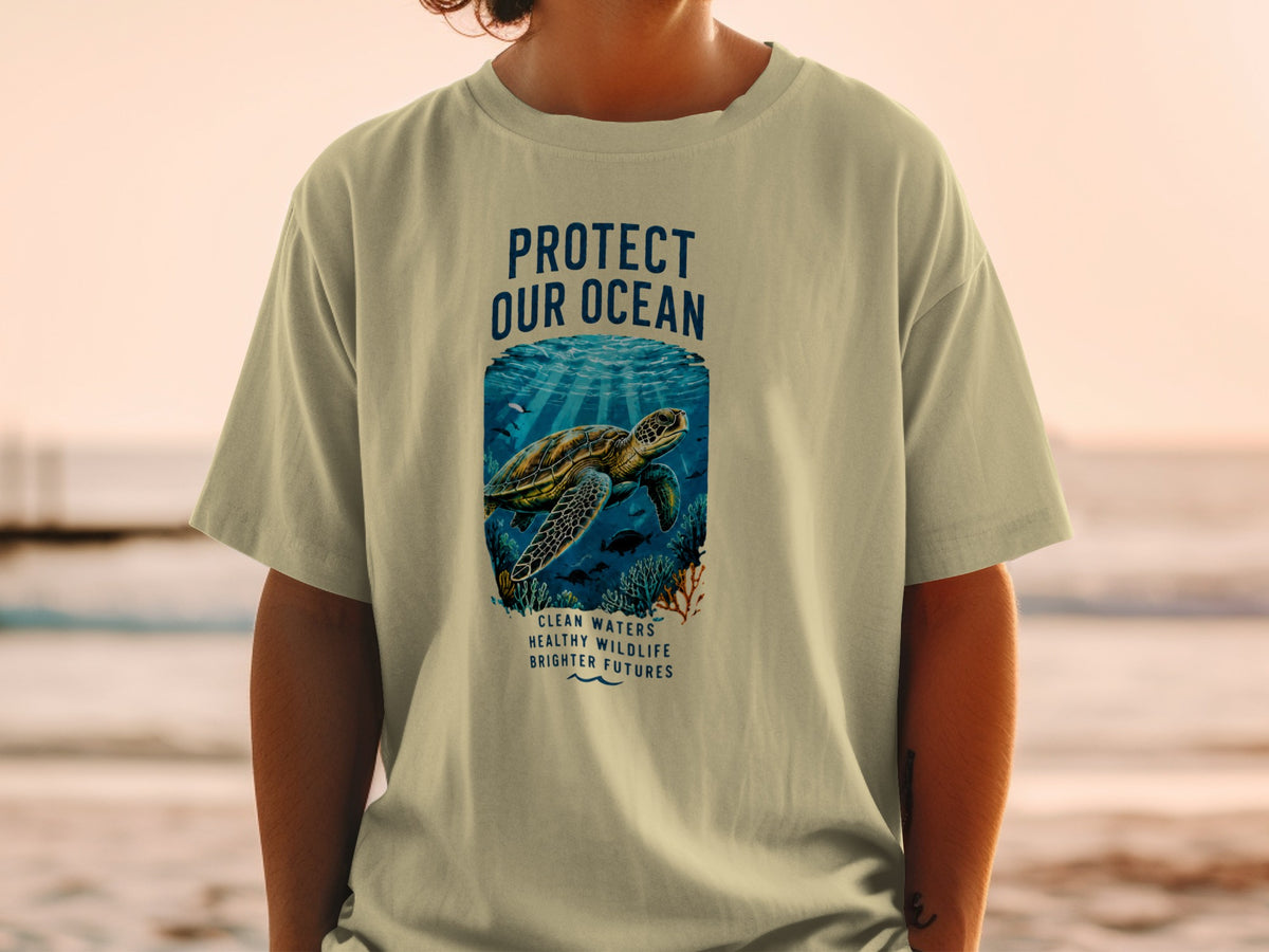 T-shirt with a sea turtle illustration and text: "Protect Our Ocean, Clean Waters, Healthy Wildlife, Brighter Futures."