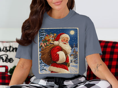 Santa Claus with a sack of toys in a snowy village scene.