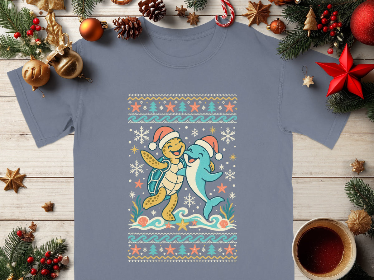 Turtle and dolphin in Santa hats with holiday ocean design on t-shirt.