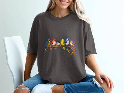 Dark grey t-shirt with a watercolor-style print of six colorful birds sitting on a branch.