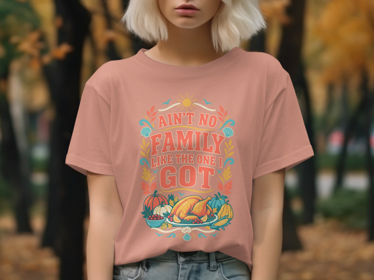 Pink t-shirt with "Ain't No Family Like The One I Got" and Thanksgiving food graphic.