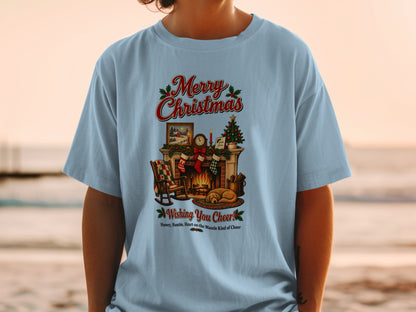 Light blue t-shirt with Merry Christmas fireplace scene and text.