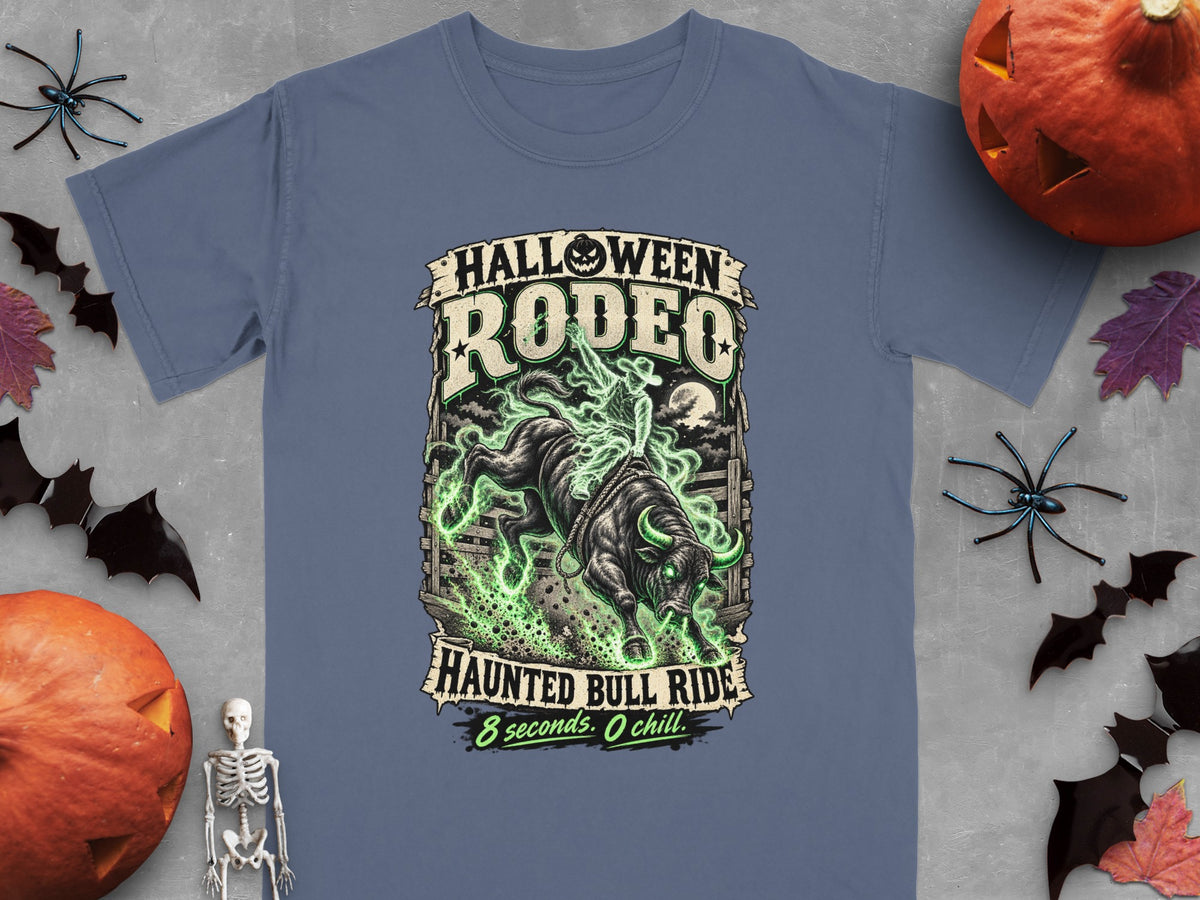 Halloween Rodeo Haunted Bull Ride shirt with text.