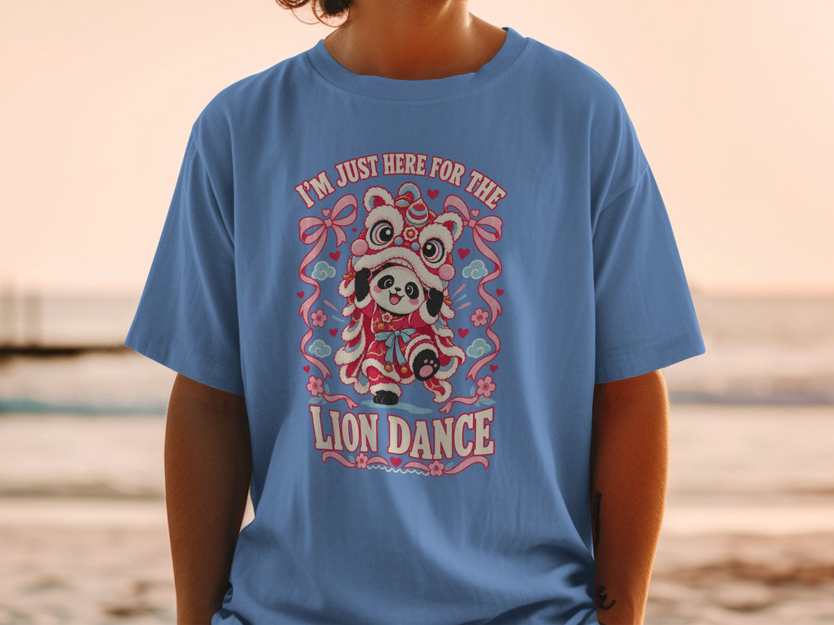 Blue t-shirt with panda in lion dance costume and text "I'm Just Here For The Lion Dance."