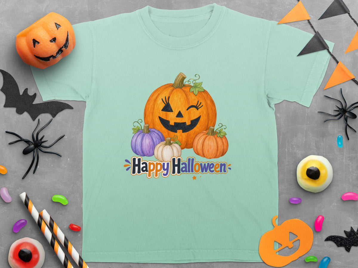 Mint t-shirt with watercolor pumpkins and "Happy Halloween" text.