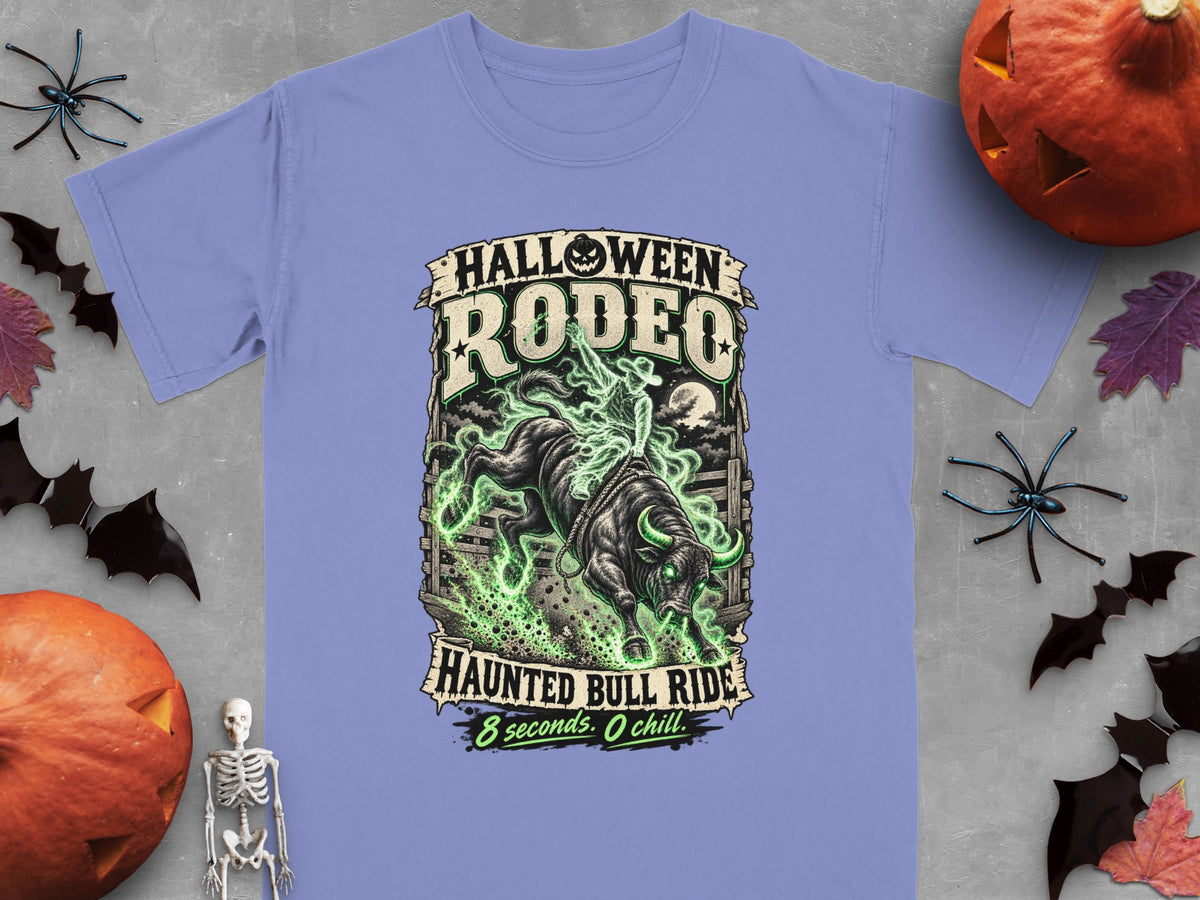 Halloween Rodeo Haunted Bull Ride design with skeleton rider and glowing green effects.