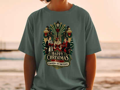 T-shirt with "Happy Christmas Ritz Carolers at the Gate" text and vintage carolers illustration.