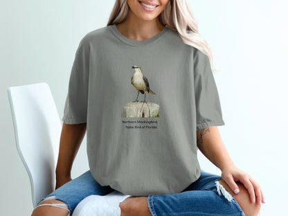 Northern Mockingbird, State Bird of Florida, printed on a gray t-shirt.