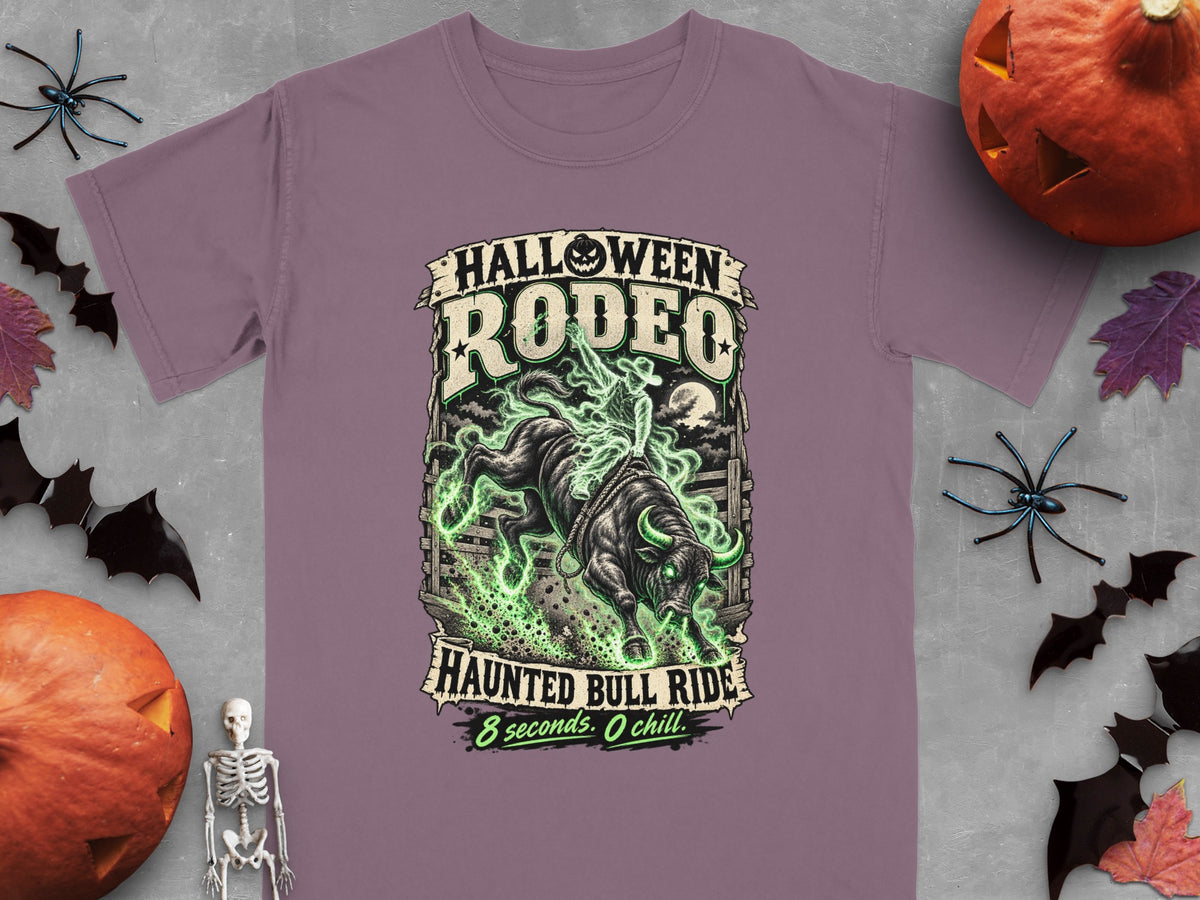 Halloween Rodeo Haunted Bull Ride t-shirt with a bull and rider graphic.