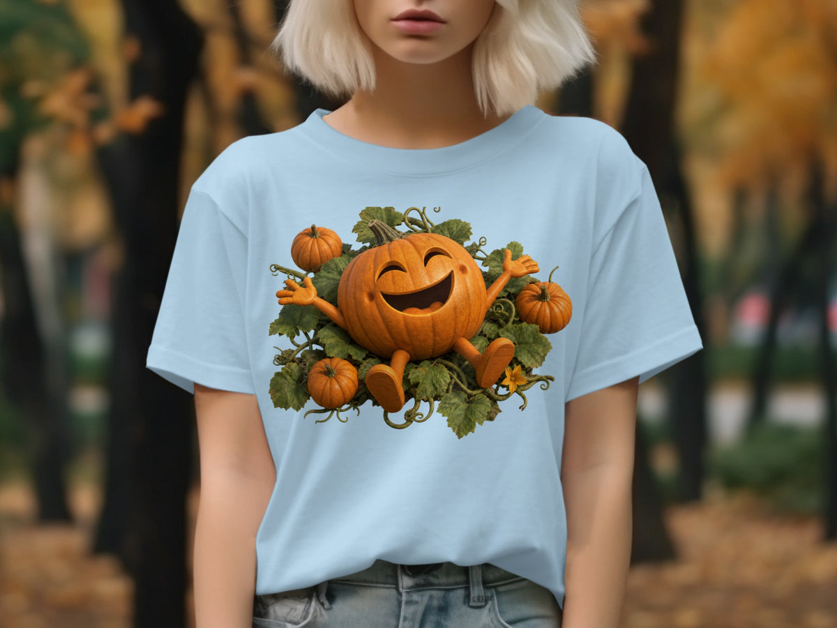 Light blue t-shirt with a smiling cartoon pumpkin character surrounded by vines and smaller pumpkins.