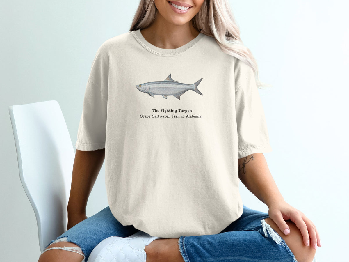 Tarpon illustration on cream t-shirt, reads "The Fighting Tarpon State Saltwater Fish of Alabama".