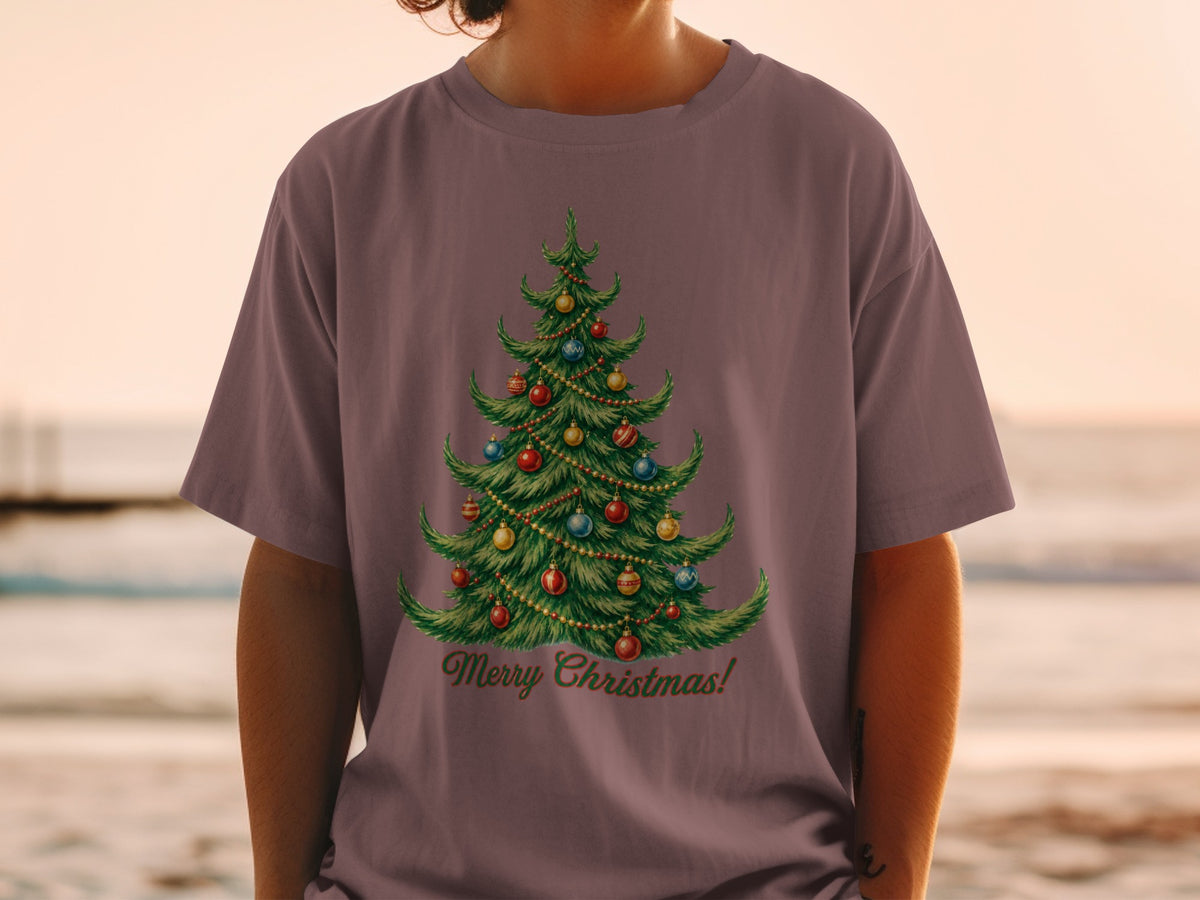 T-shirt with a vintage Christmas tree graphic and "Merry Christmas!" text.