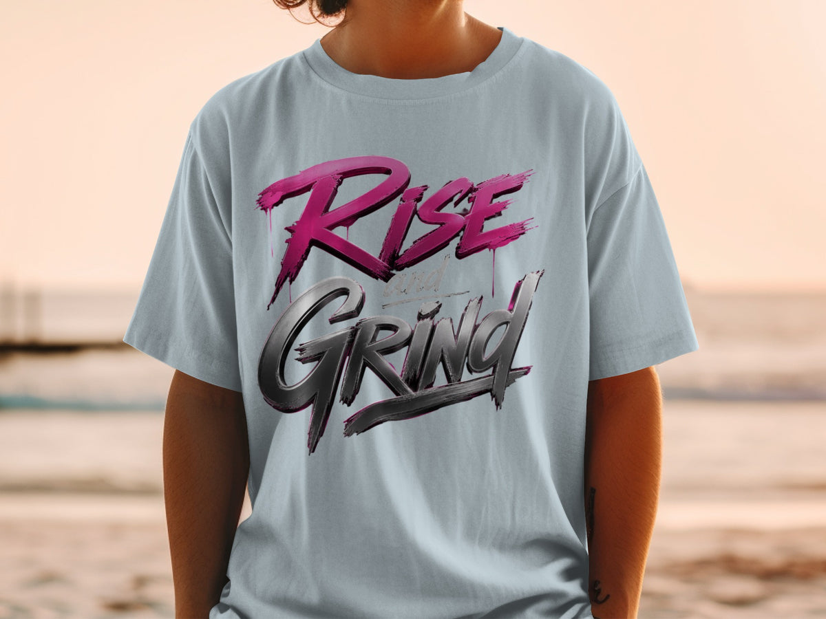 Light blue t-shirt with "RISE and GRIND" text graphic.