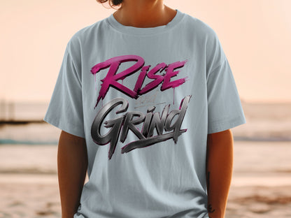 Light blue t-shirt with "RISE and GRIND" text graphic.