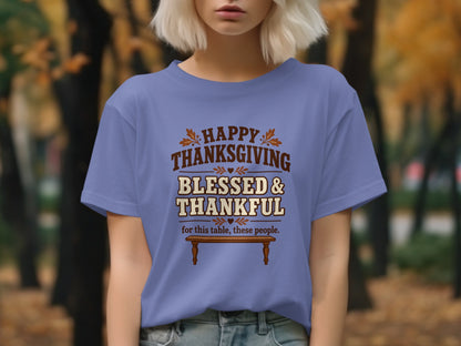 Purple t-shirt with "Happy Thanksgiving Blessed & Thankful" text.
