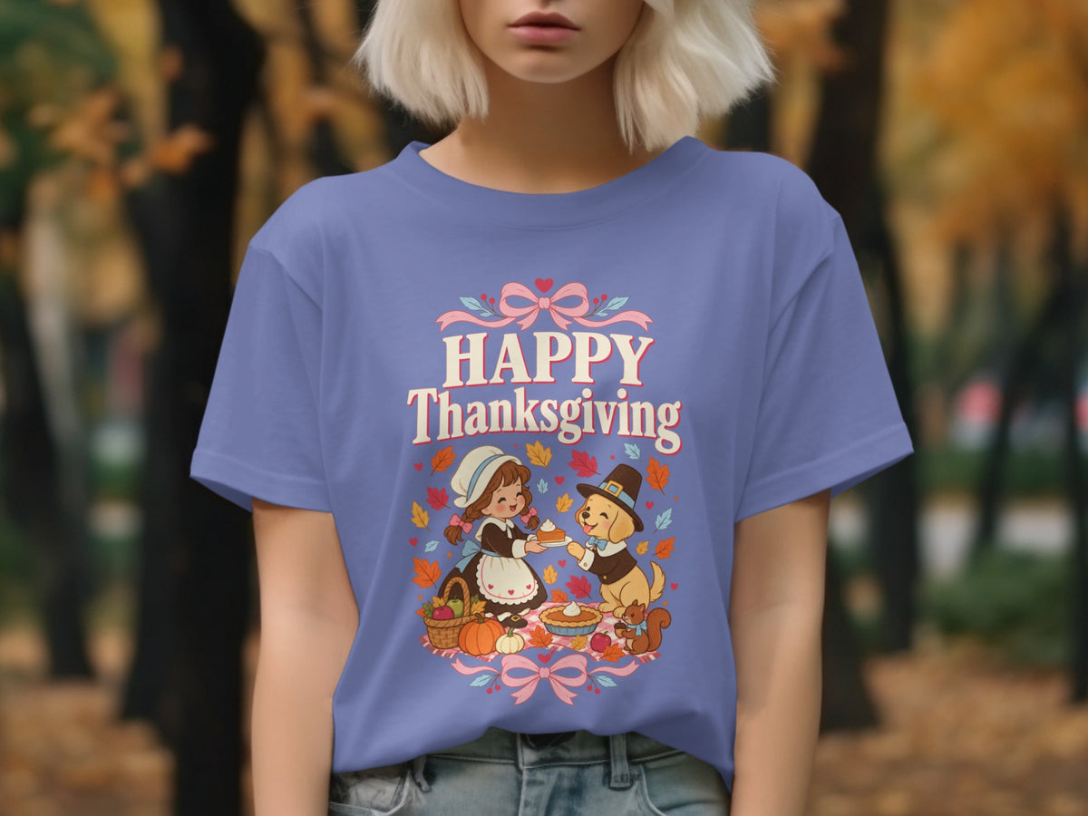 T-shirt graphic with girl and dog sharing pie, saying "Happy Thanksgiving".