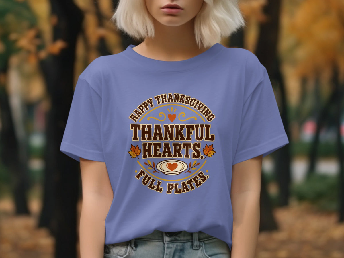 Purple t-shirt with "Happy Thanksgiving Thankful Hearts Full Plates" text and graphics.