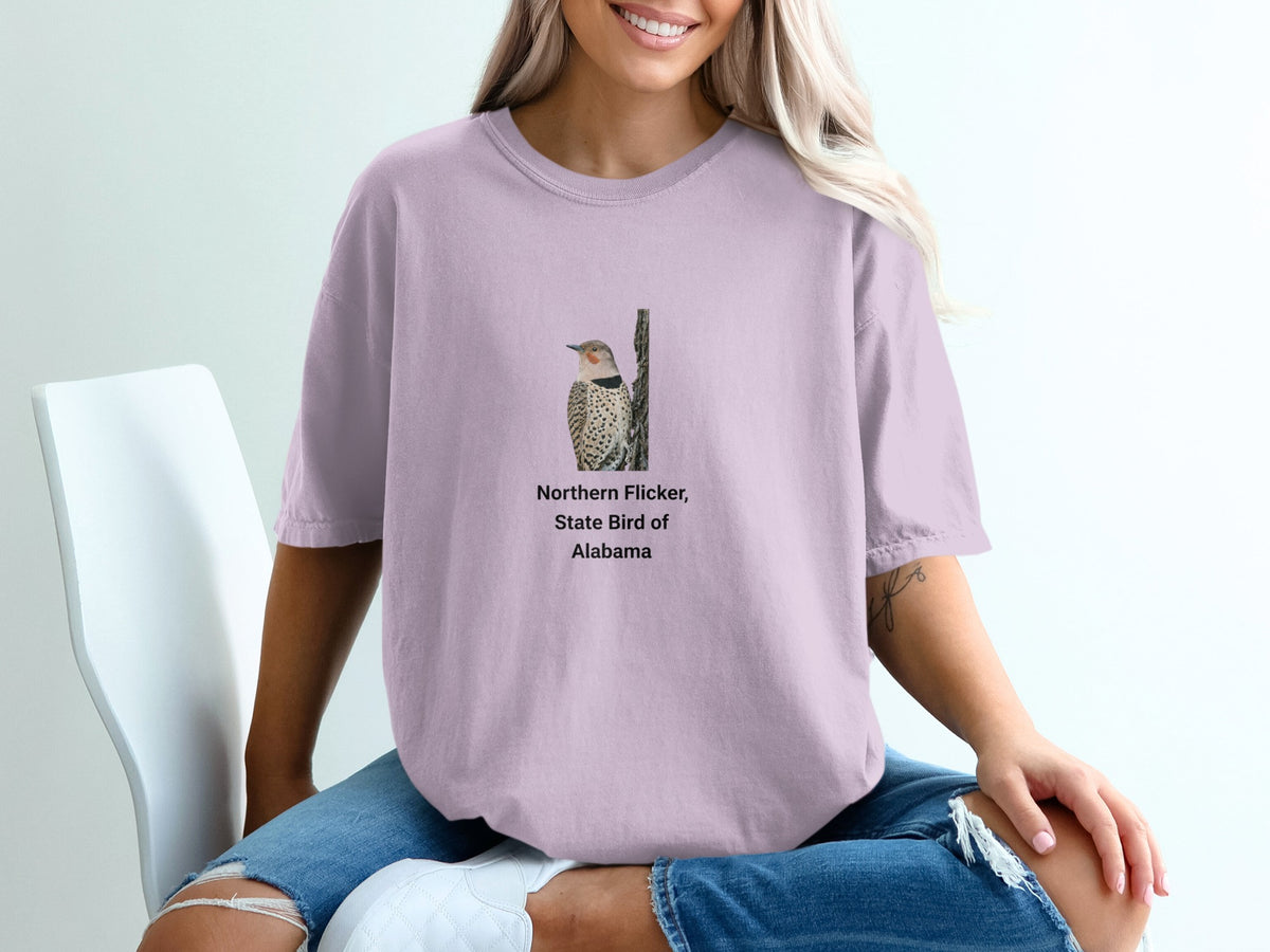 Purple t-shirt with a Northern Flicker, State Bird of Alabama graphic.