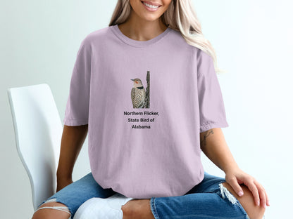 Purple t-shirt with a Northern Flicker, State Bird of Alabama graphic.