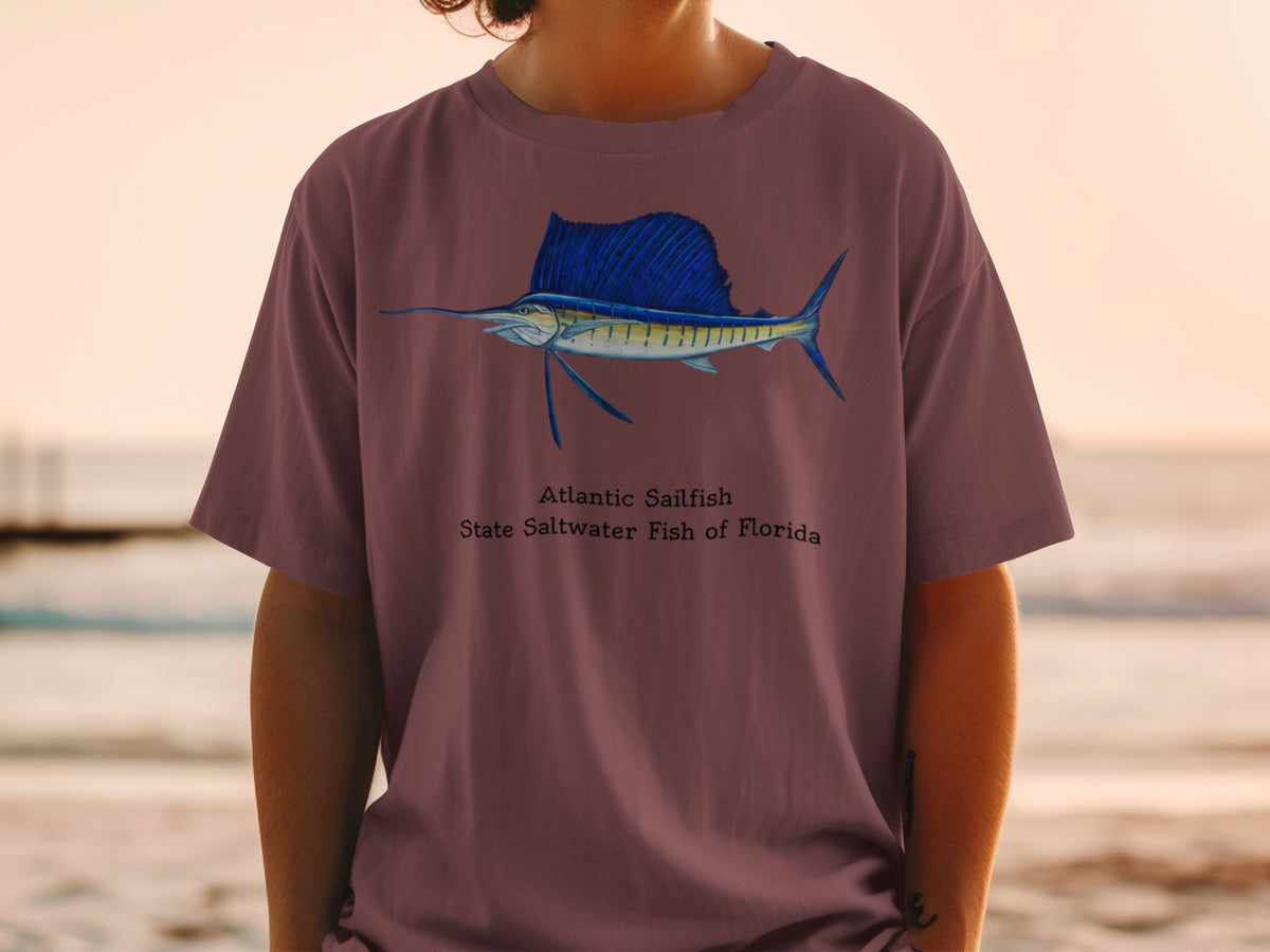 Atlantic Sailfish, State Saltwater Fish of Florida graphic on maroon t-shirt.