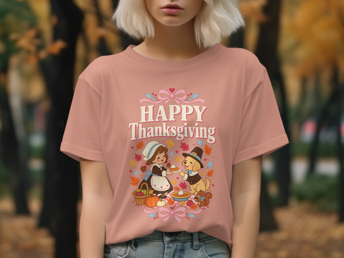 Pink t-shirt with "Happy Thanksgiving" text and cartoon girl and dog sharing pie.