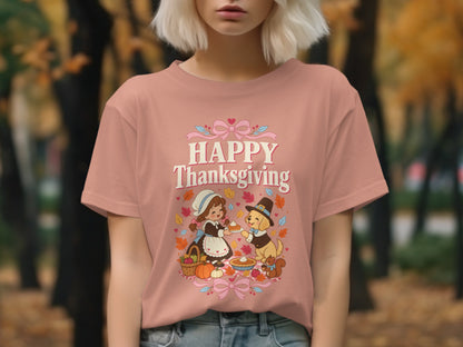 Pink t-shirt with "Happy Thanksgiving" text and cartoon girl and dog sharing pie.