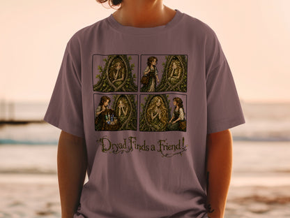 Four panel comic with a dryad and friend, text "Dryad Finds a Friend!".