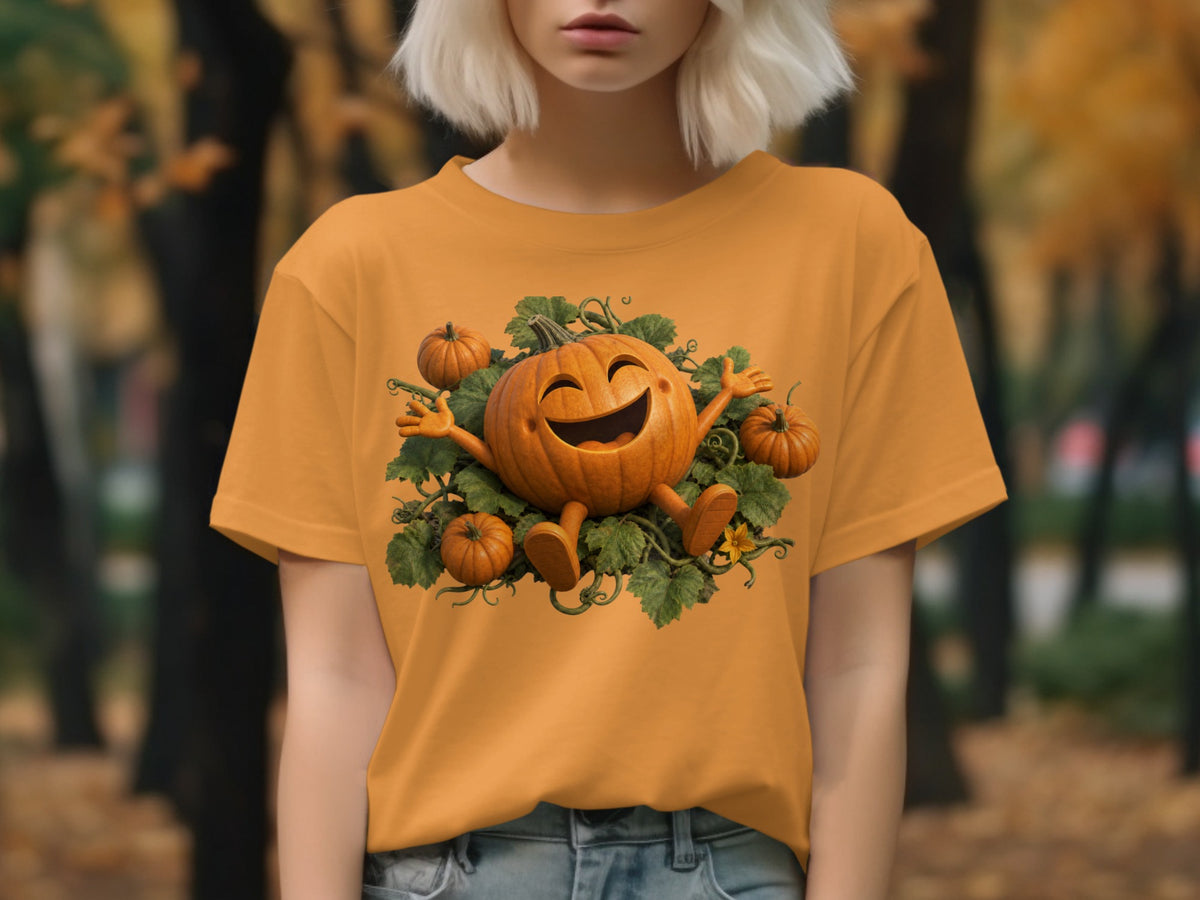Orange t-shirt with a happy cartoon pumpkin surrounded by leaves and smaller pumpkins.
