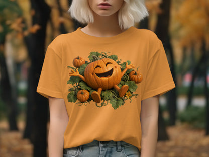 Orange t-shirt with a happy cartoon pumpkin surrounded by leaves and smaller pumpkins.