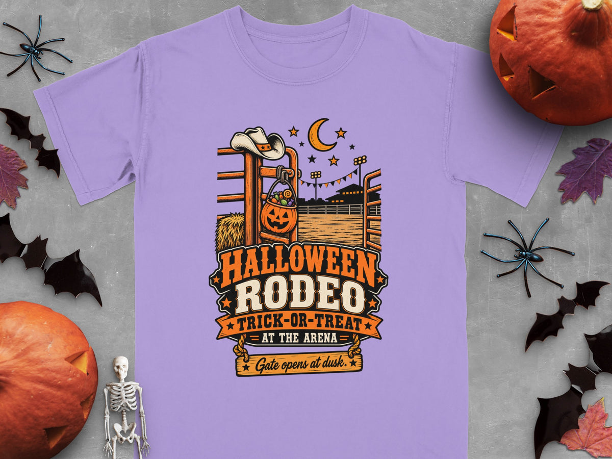Purple t-shirt with Halloween Rodeo trick-or-treat design and autumn decorations.