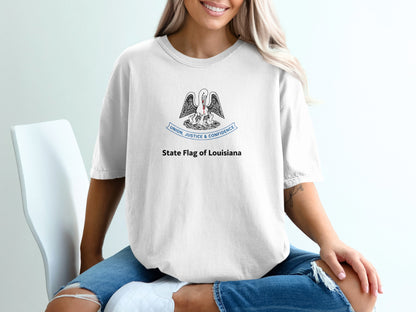 White t-shirt with the State Flag of Louisiana emblem and text.