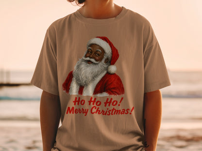 T-shirt with graphic of Black Santa and text "Ho Ho Ho! Merry Christmas!"
